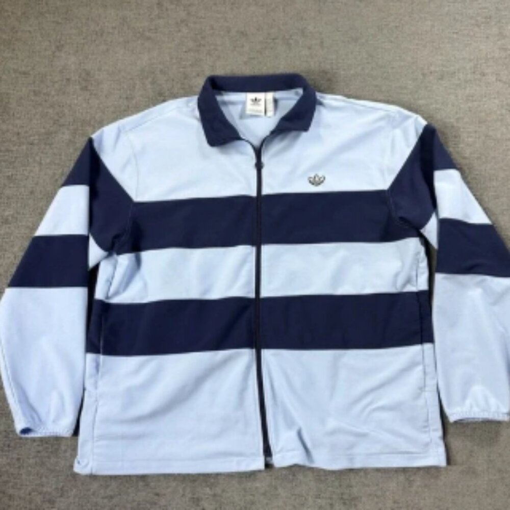 Adidas Velour Track Jacket Full Zip Indigo Blue Stripe Trefoil Mens XL 90's Look